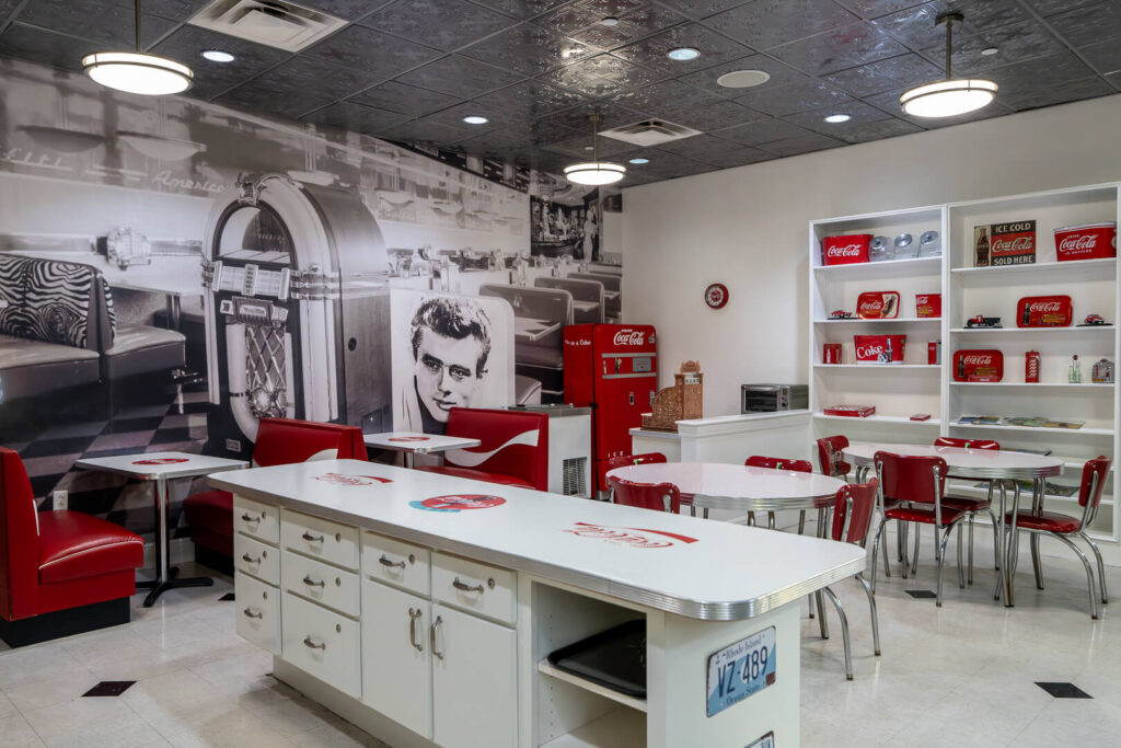 Retro Diner Lounge with Red Booths at Memory Care Facility