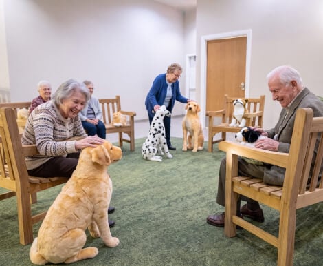 Elderly Residents Enjoying Pet Therapy Session at Memory Care Facility Elderly Residents Enjoying Pet Therapy Session at Memory Care Facility